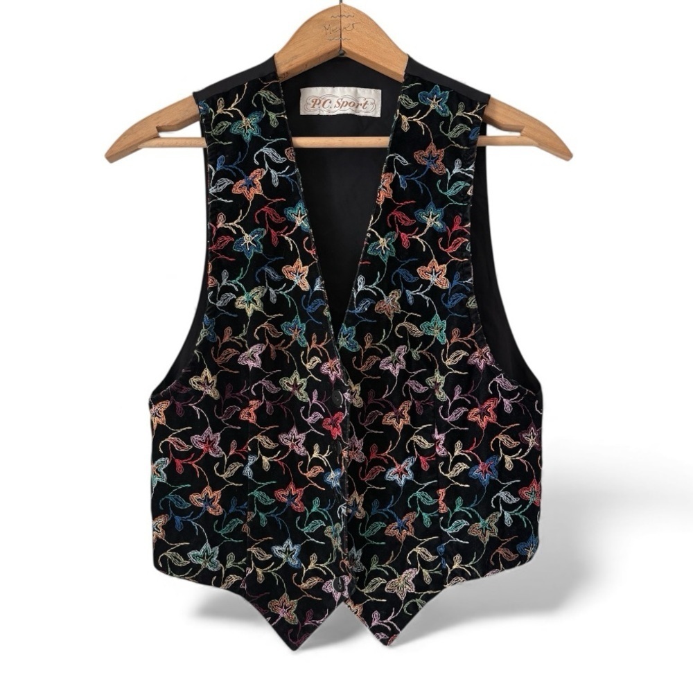 Vintage 90s P.C. Sport Embroidered Velvet Floral Vest – Black Small